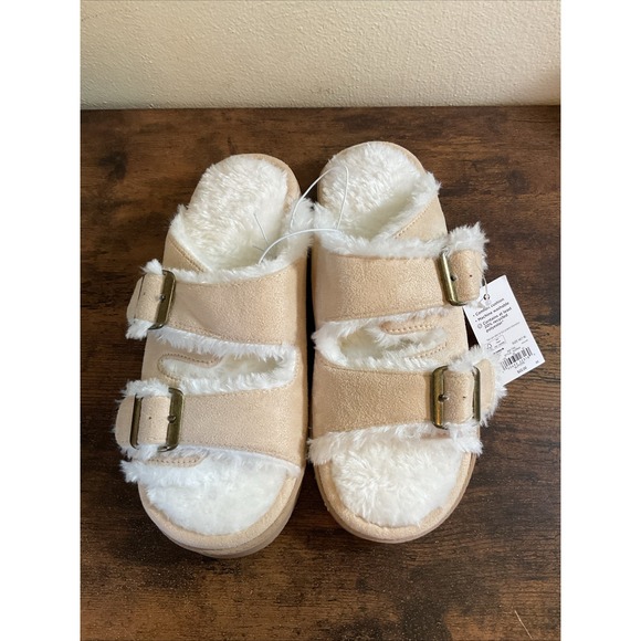 Womens Sonoma Lined Double Strap Slippers~Memory Foam~Tan/Ivory~ Size Medium 7/8 - Picture 1 of 10